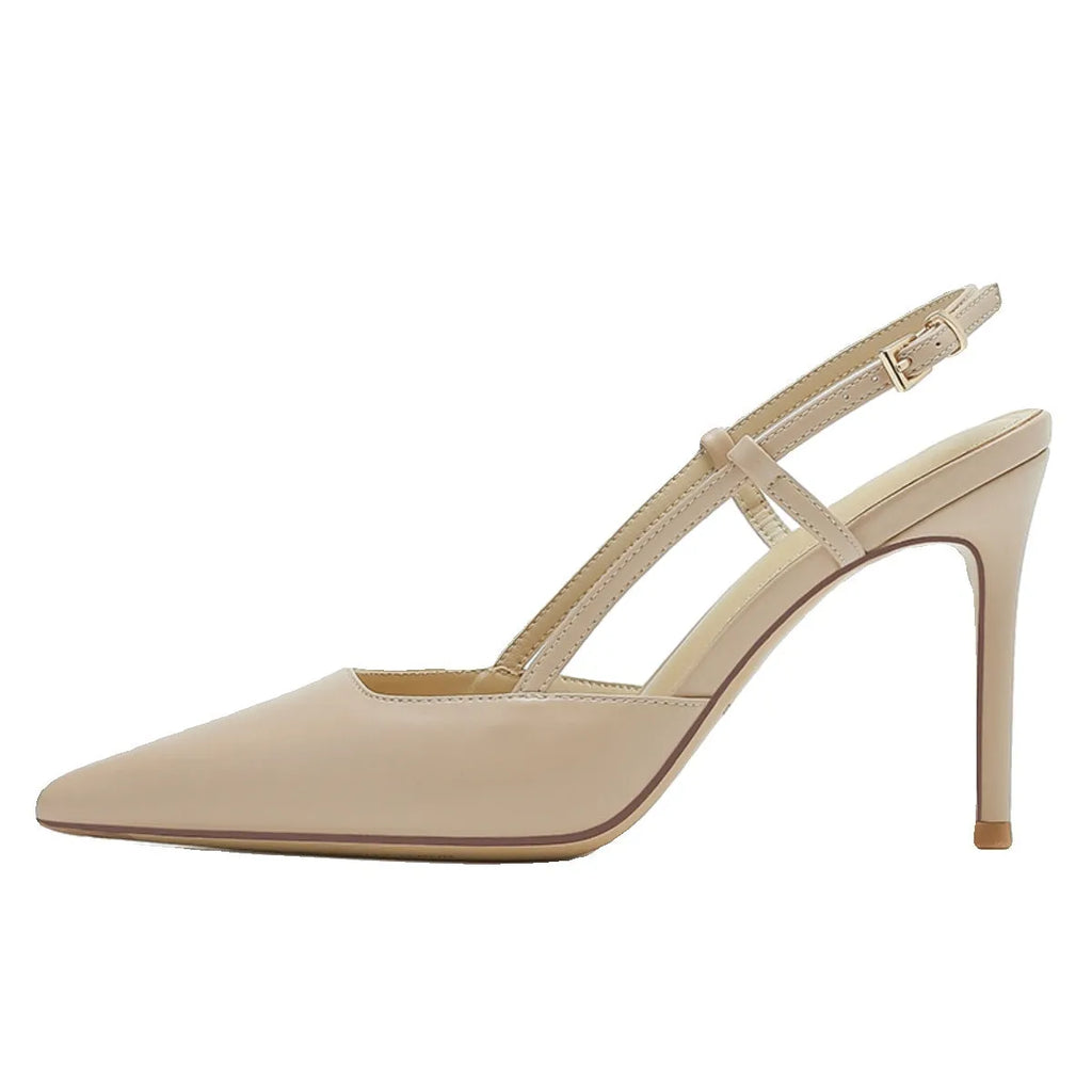 Women's Apricot high-heeled sandals with single strap buckle toe design and thin belt detailing