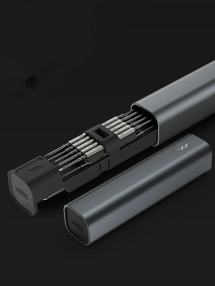 Black multi-function screwdriver set in aluminium tube with magnetic insulated bits for phone and home repair