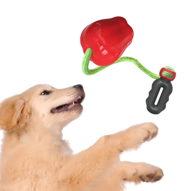 Green and red plastic dog toy with food dropping ball and molar chew design