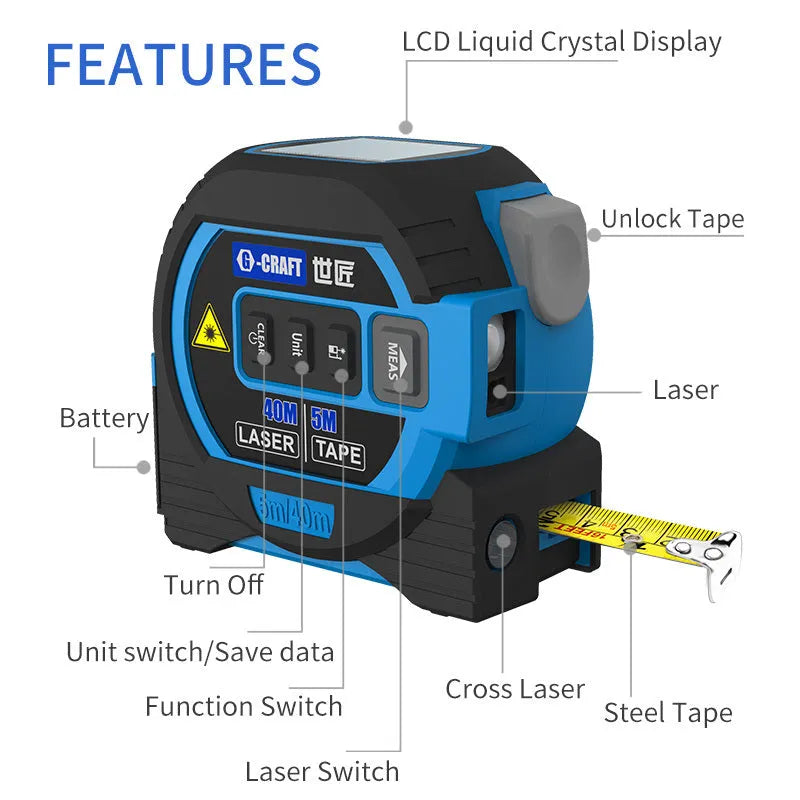 3-in-1 laser tape measure rangefinder with 5m tape ruler and laser cross in blue