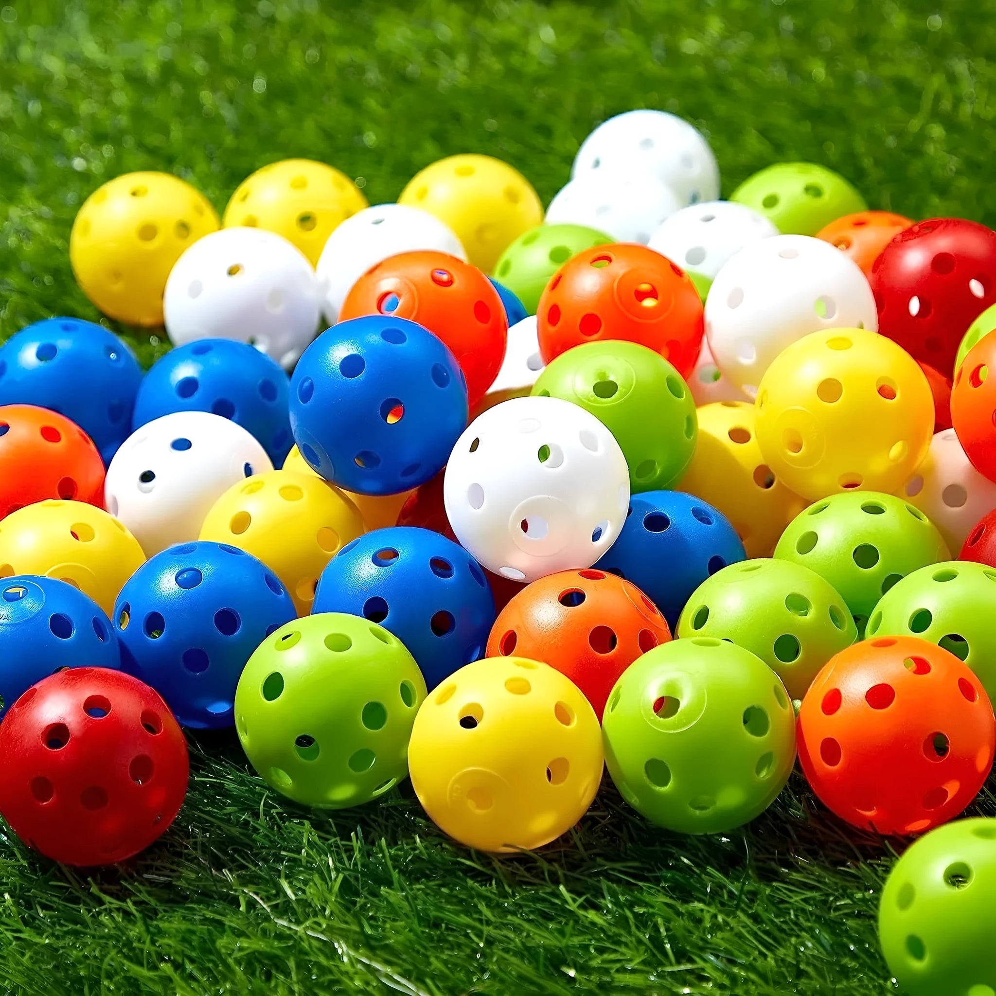 Multi-colour 42mm diameter golf practice balls with 26-hole design in a net pocket