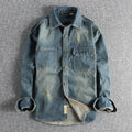 Men's light blue vintage washed denim shirt with long sleeves and loose cardigan style
