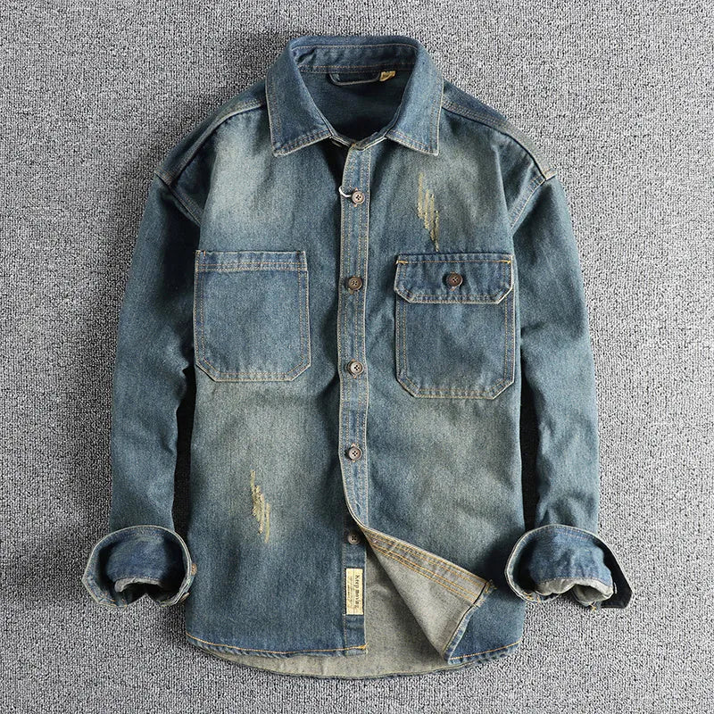 Men's light blue vintage washed denim shirt with long sleeves and loose cardigan style