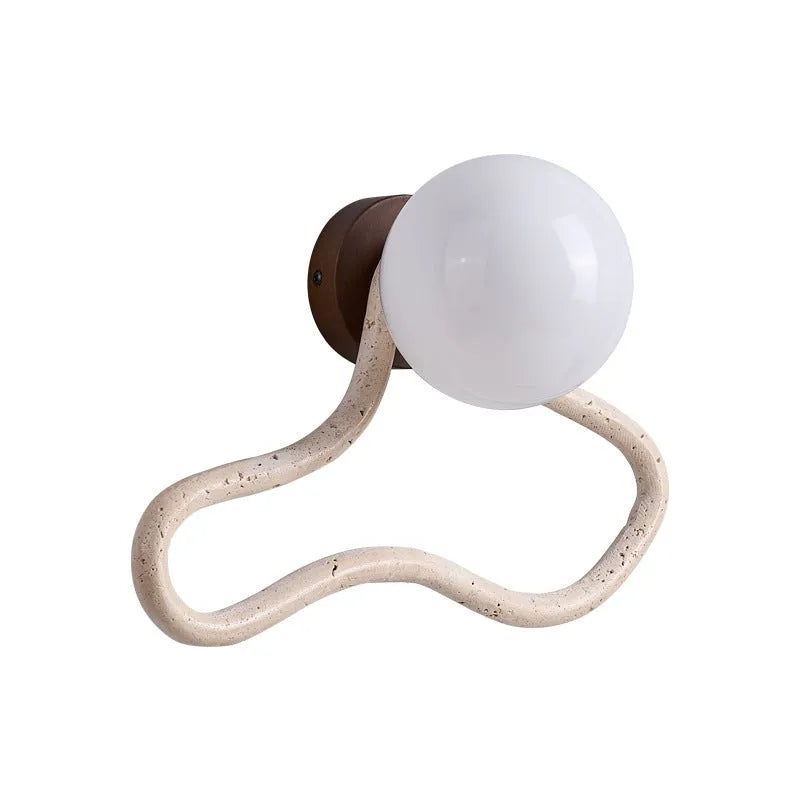 Middle Ancient cream style bedside wall lamp with travertine glass shade and solid wood base