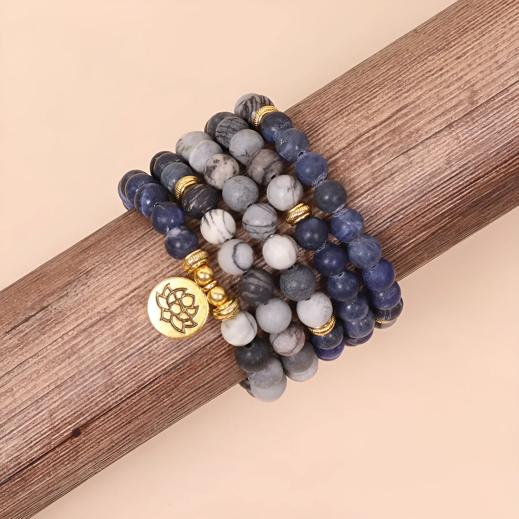 Blue multi layer alloy bracelet with patterned network stone beads in natural style