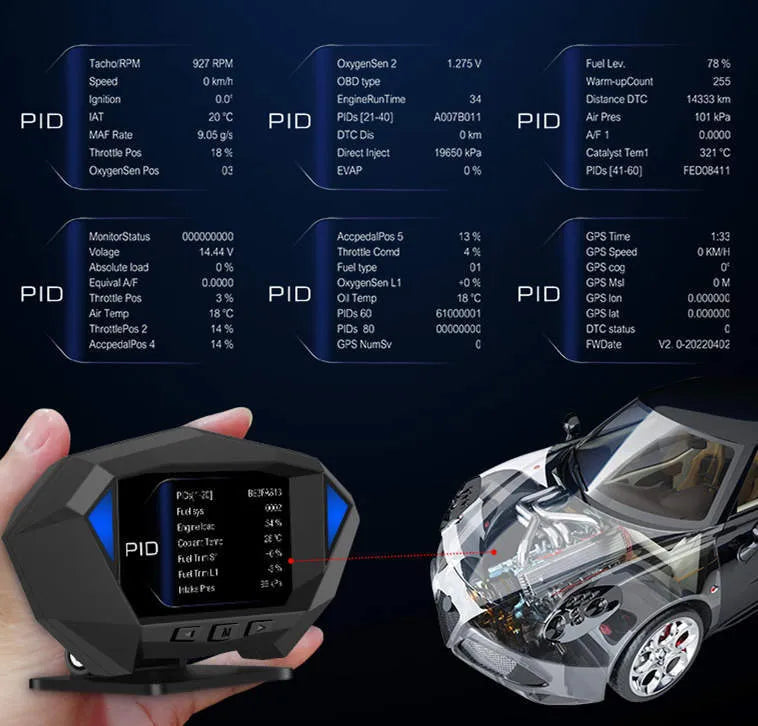 P1 model vehicle head-up display with black plastic housing and OBD connection cable