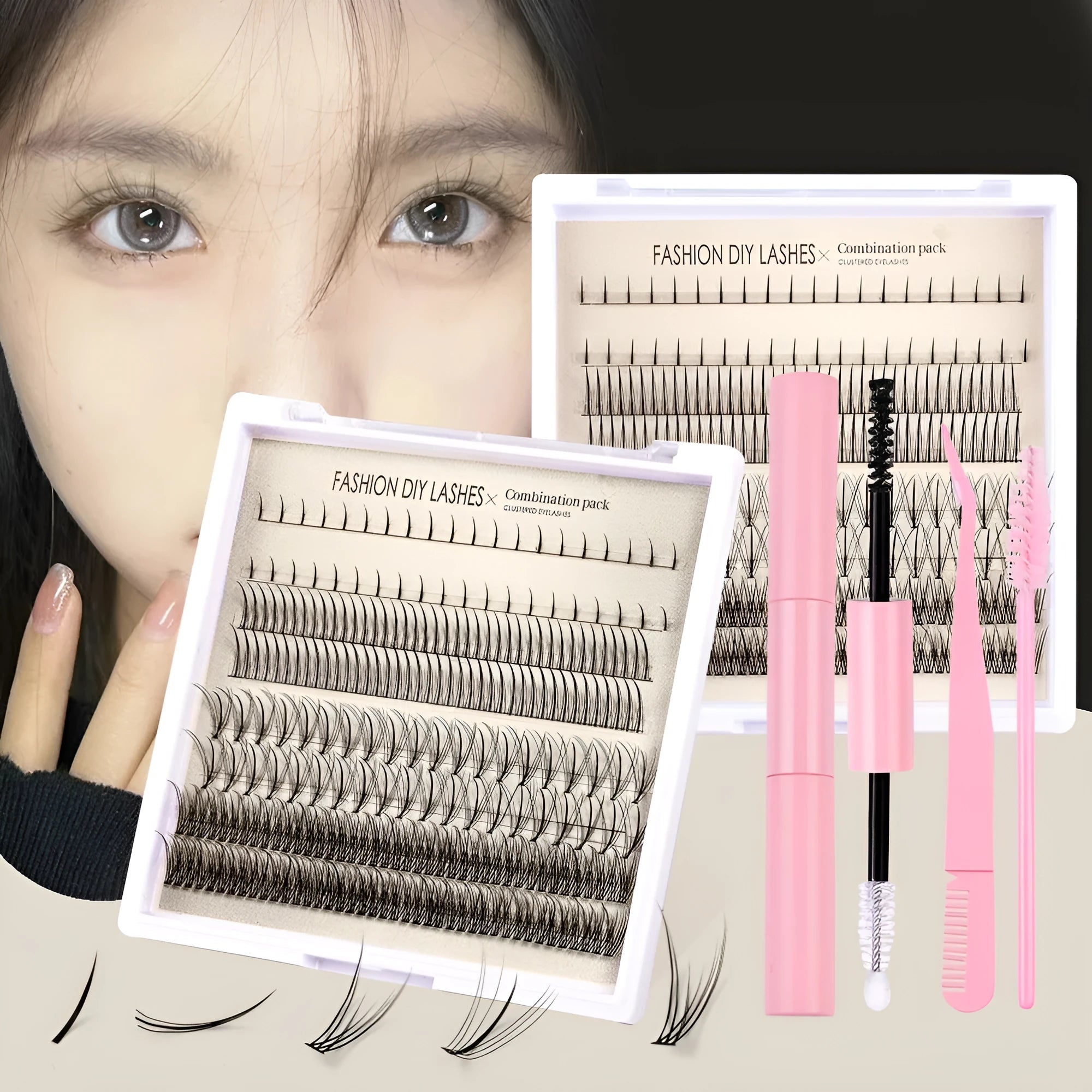 False eyelash glue kit with single-cluster lashes, pink and black adhesive, tweezers and brush tools