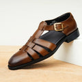 Men's black leather sandals with cowhide upper and rubber sole.