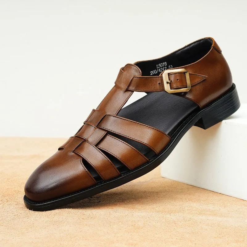 Men's black leather sandals with cowhide upper and rubber sole.