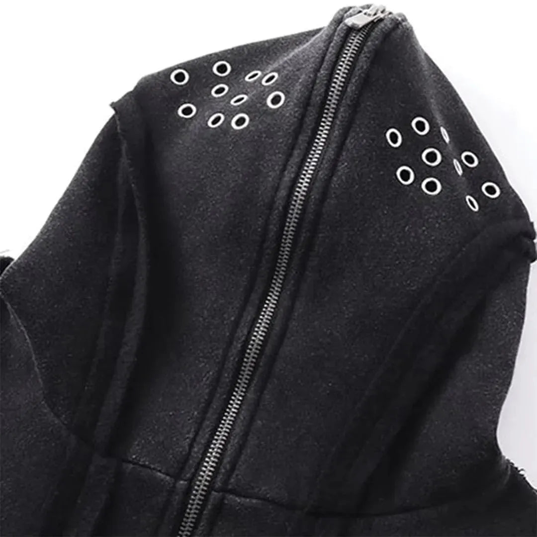 Black loose-fit men's hooded cardigan coat with a zip front on a model.