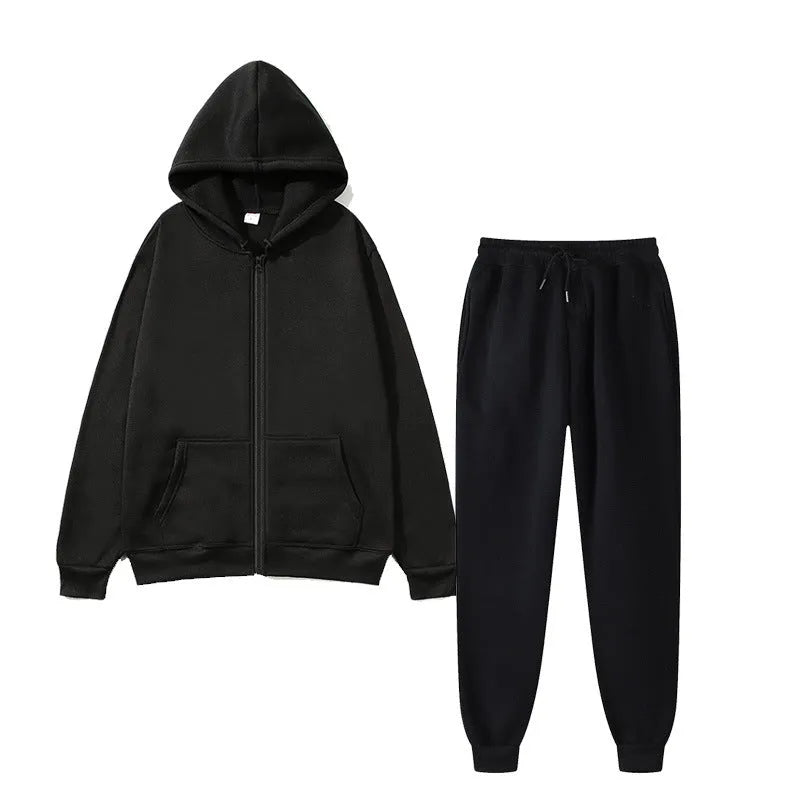 Men's sports fleece suit with long-sleeve jacket and trousers in solid colour polyester blend, sizes S to XXXL