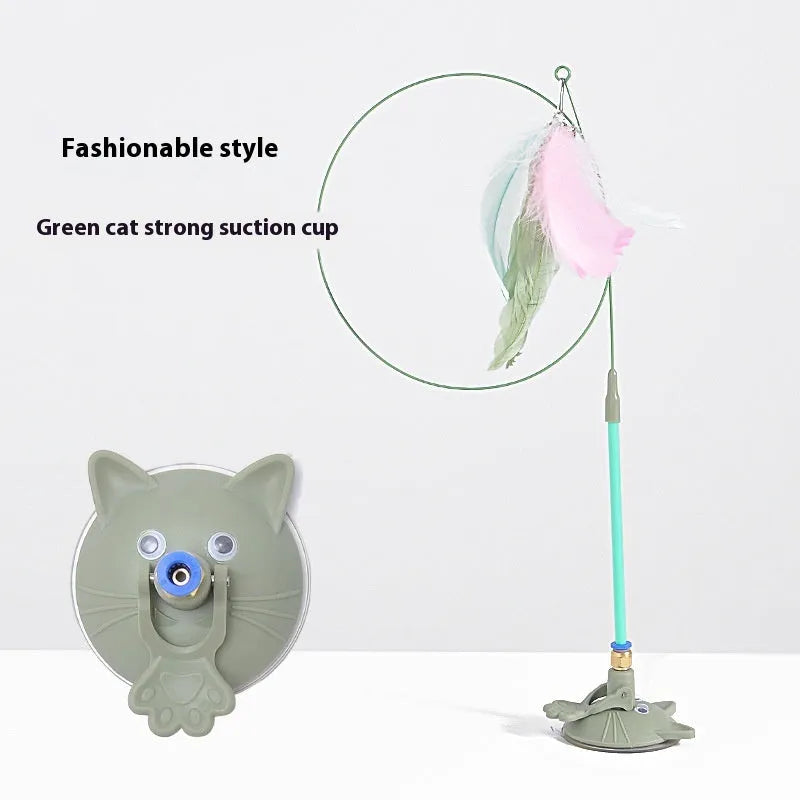 Plastic cat teaser toy with suction cup mount and dangling feather attachment
