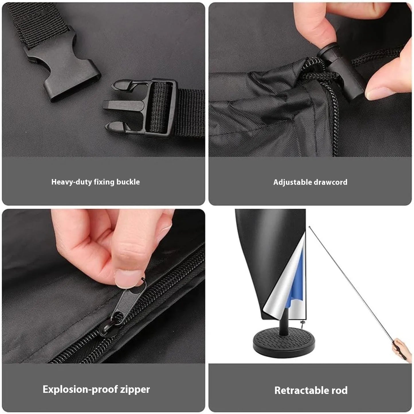 Grey waterproof Oxford cloth cover for a banana-shaped outdoor umbrella.