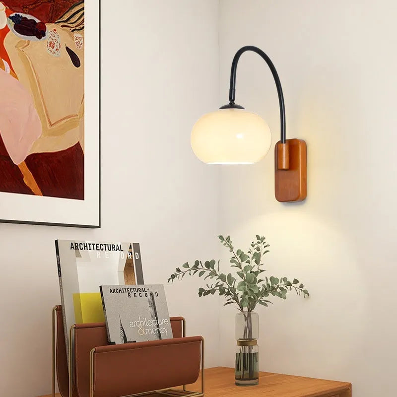 32cm milky white glass wall LED lamp with walnut or log colour iron body, 220V bedside wall light