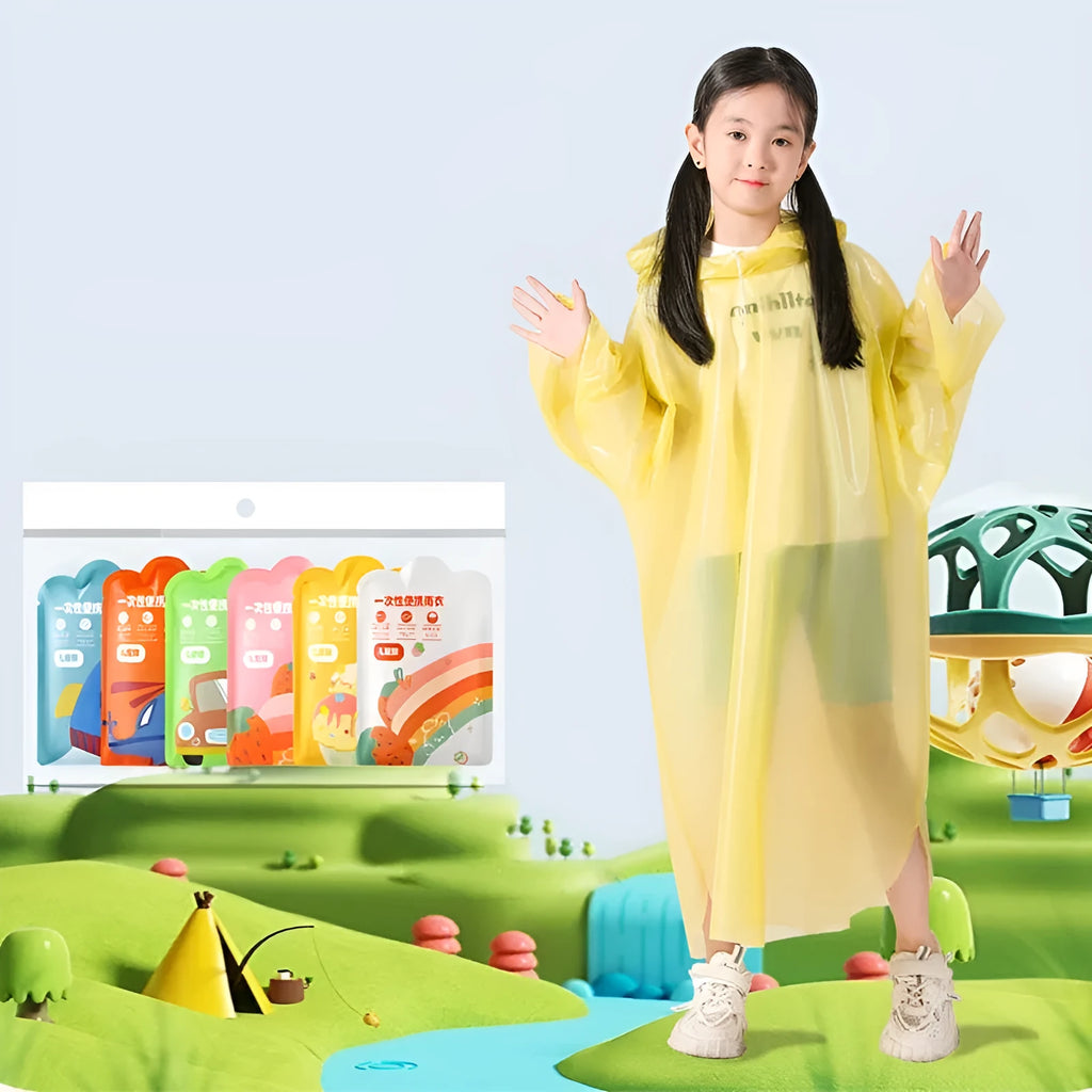 Disposable children's long poncho raincoat folded in 13x9cm bag with blue, yellow, orange, pink, green, and white colour options.