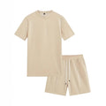 Men's apricot waffle texture short sleeve blouse and matching shorts set laid flat