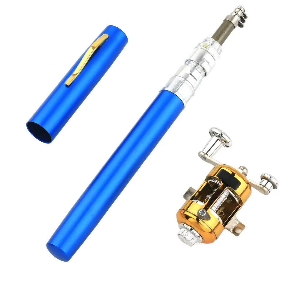 Gold telescopic pocket fishing rod kit collapsed next to its aluminium pen case and ST5RL plastic reel.