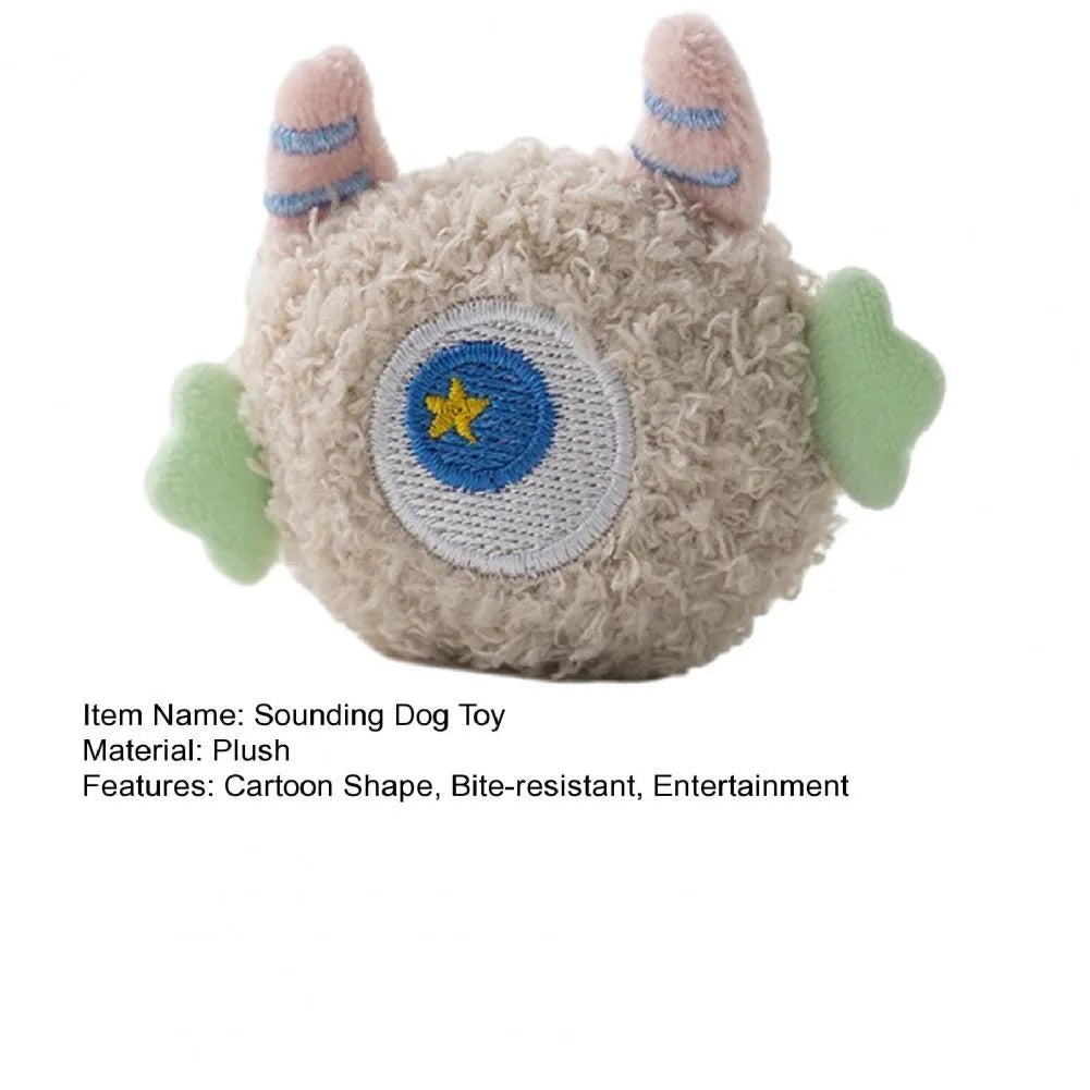 Plush cartoon-shaped dog chew toy with squeaker in assorted colours on white background