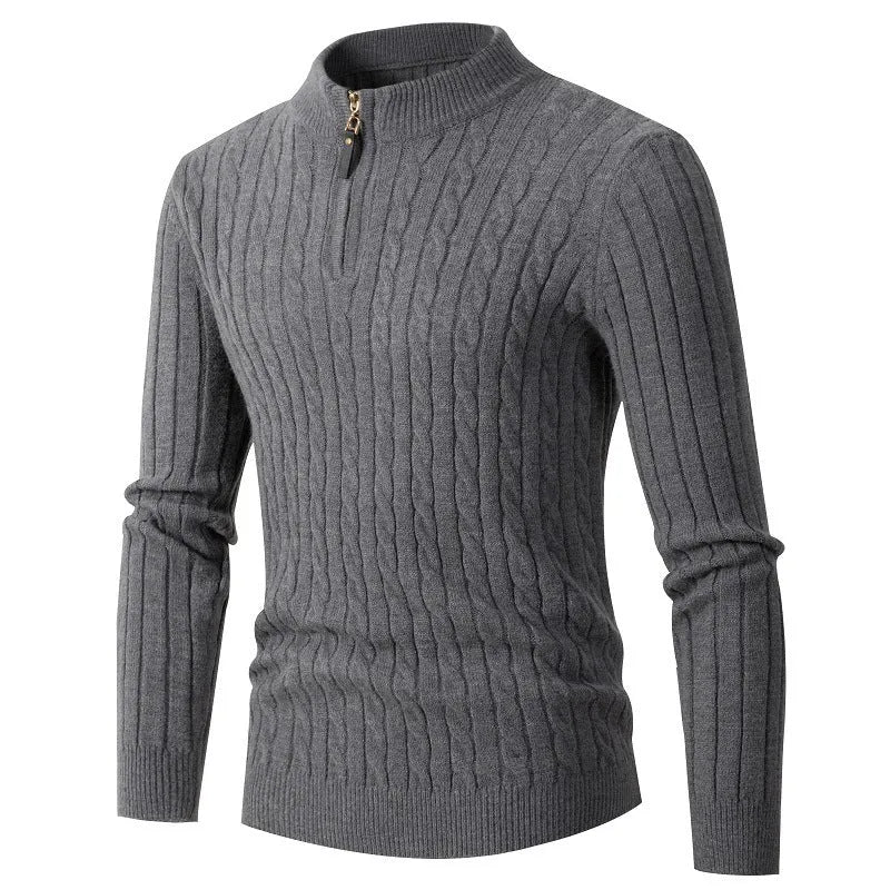 Men's thick twist zipper half open high collar sweater in gray