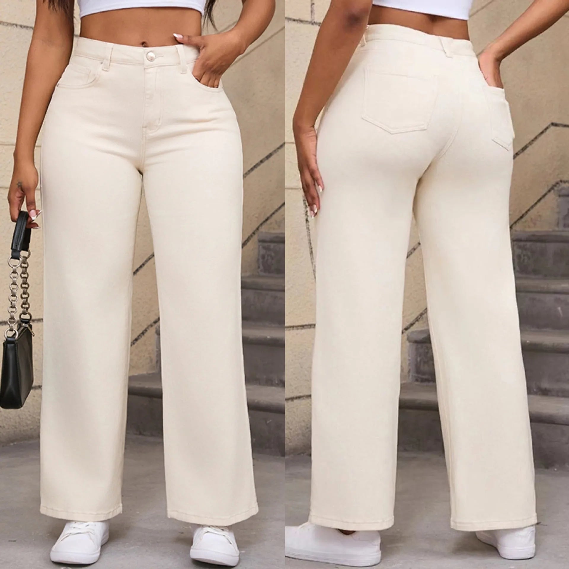 Women's high-waisted straight wide-leg jeans in apricot colour autumn casual trousers