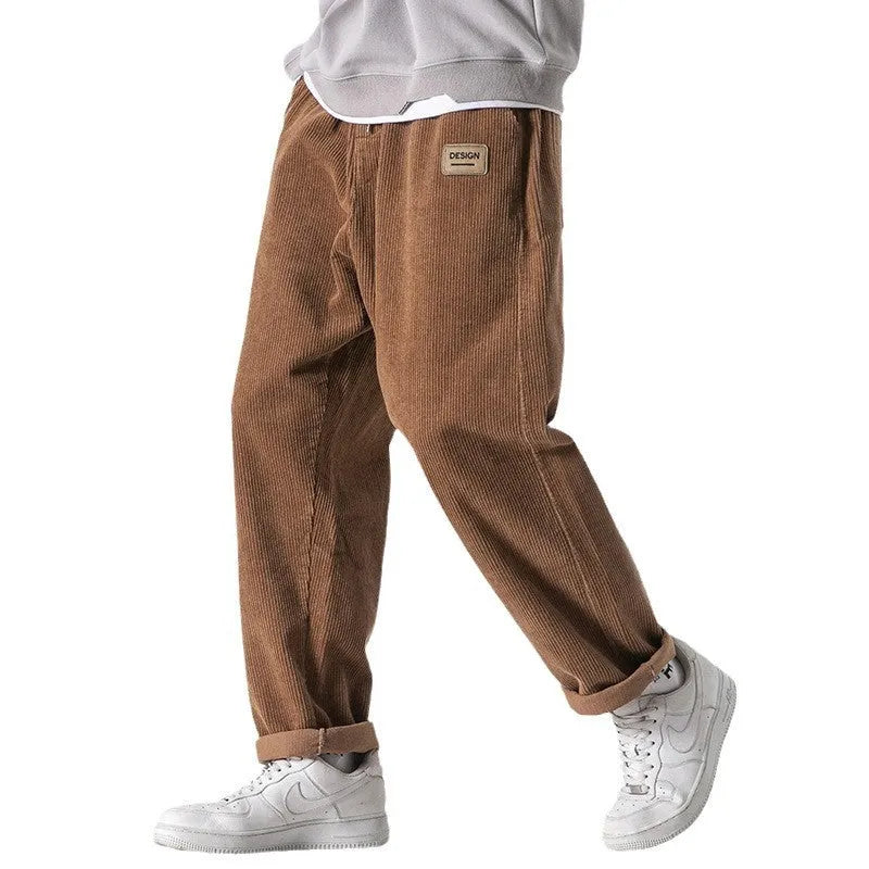 Men's loose straight corduroy sports trousers in multiple colour options with elastic waist