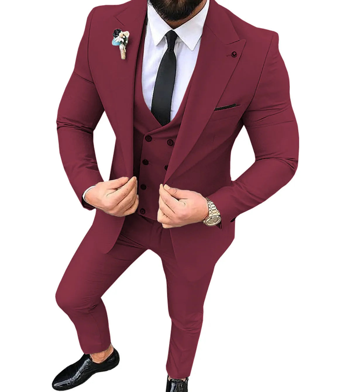 Men's slim fit three-piece suit set in cotton, jacket vest and trousers, available in various colours and sizes XS to 5XL.