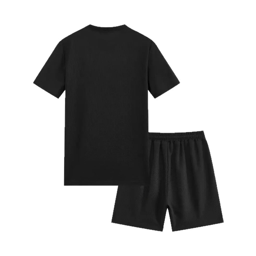 Men's apricot waffle texture short sleeve blouse and matching shorts set laid flat