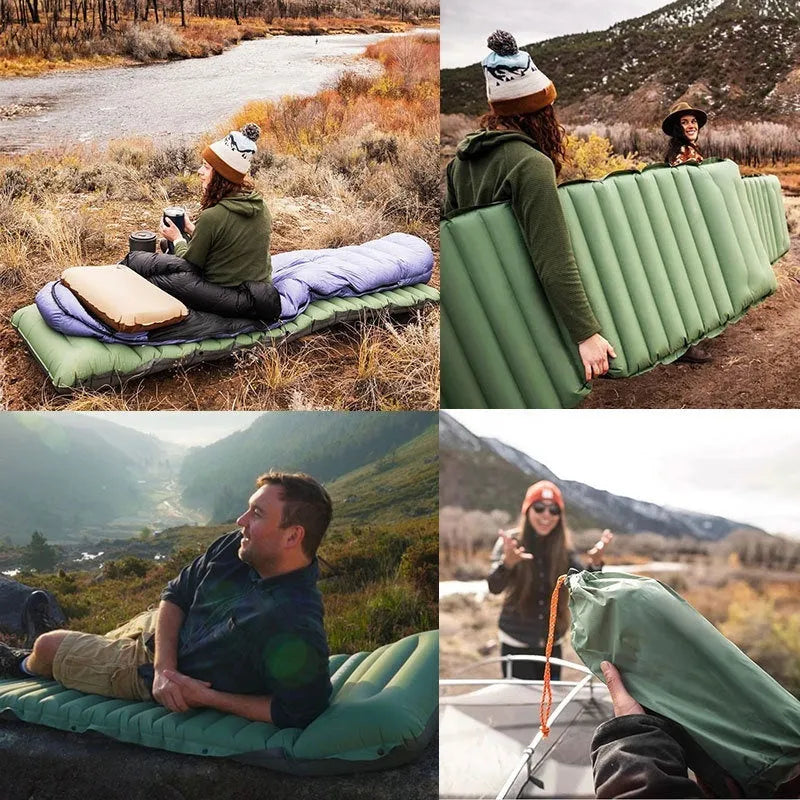 Single inflatable camping air mattress in grey, shown rolled and expanded, with integrated valve.