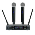 Black VHF one-to-two wireless karaoke microphone system with two handheld mics and regulator