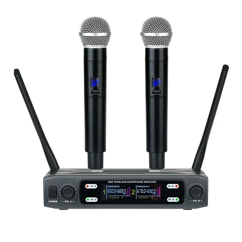 Black VHF one-to-two wireless karaoke microphone system with two handheld mics and regulator