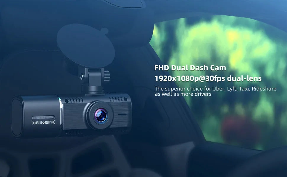 Standard black 1080p dash cam for cars with front and rear recording.