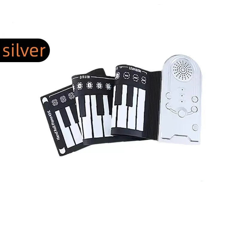 Pearl white portable folding electronic keyboard with 49 silicone keys and a built-in speaker, shown folded and unfolded.