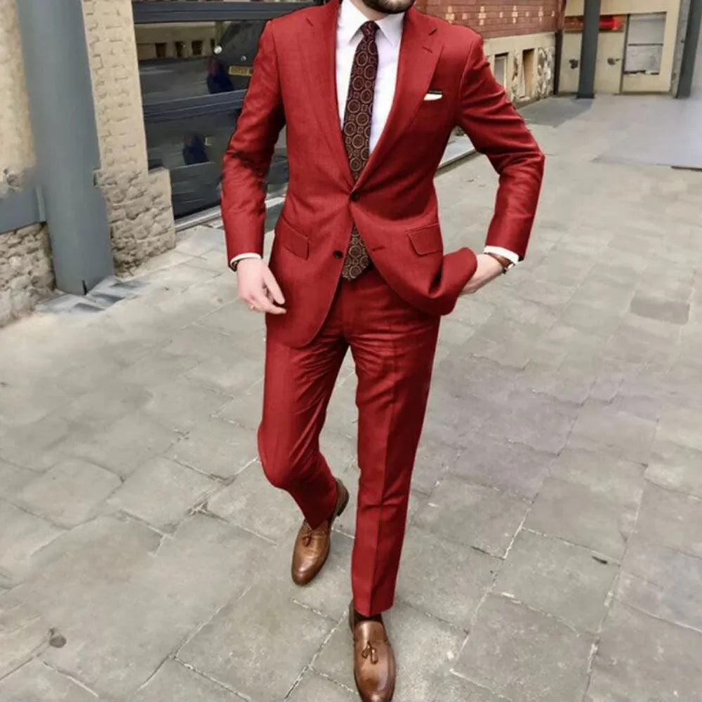 Men's slim fit two-button suit jacket and trousers in light purple acetate fabric.