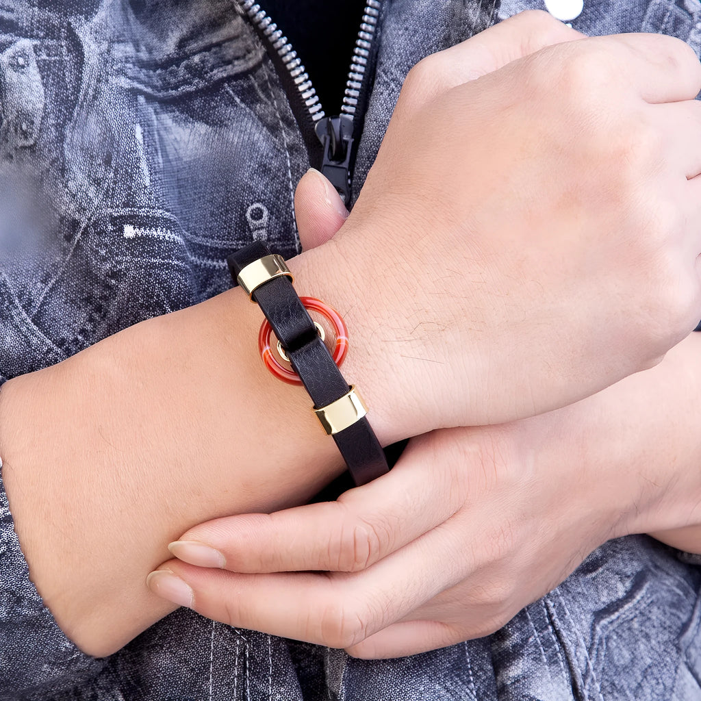 Leather bracelet with magnetic gold buckle retro bohemian style 21cm unisex