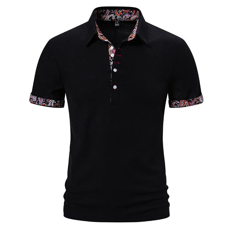 Men's short sleeve polo shirt in cotton blend fabric, showing turnover collar and colour stitching detail.