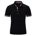 Men's short sleeve polo shirt in cotton blend fabric, showing turnover collar and colour stitching detail.