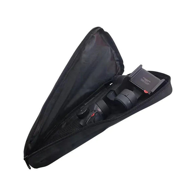 Black cloth storage bag for a mobile phone stabilizer and its accessories.