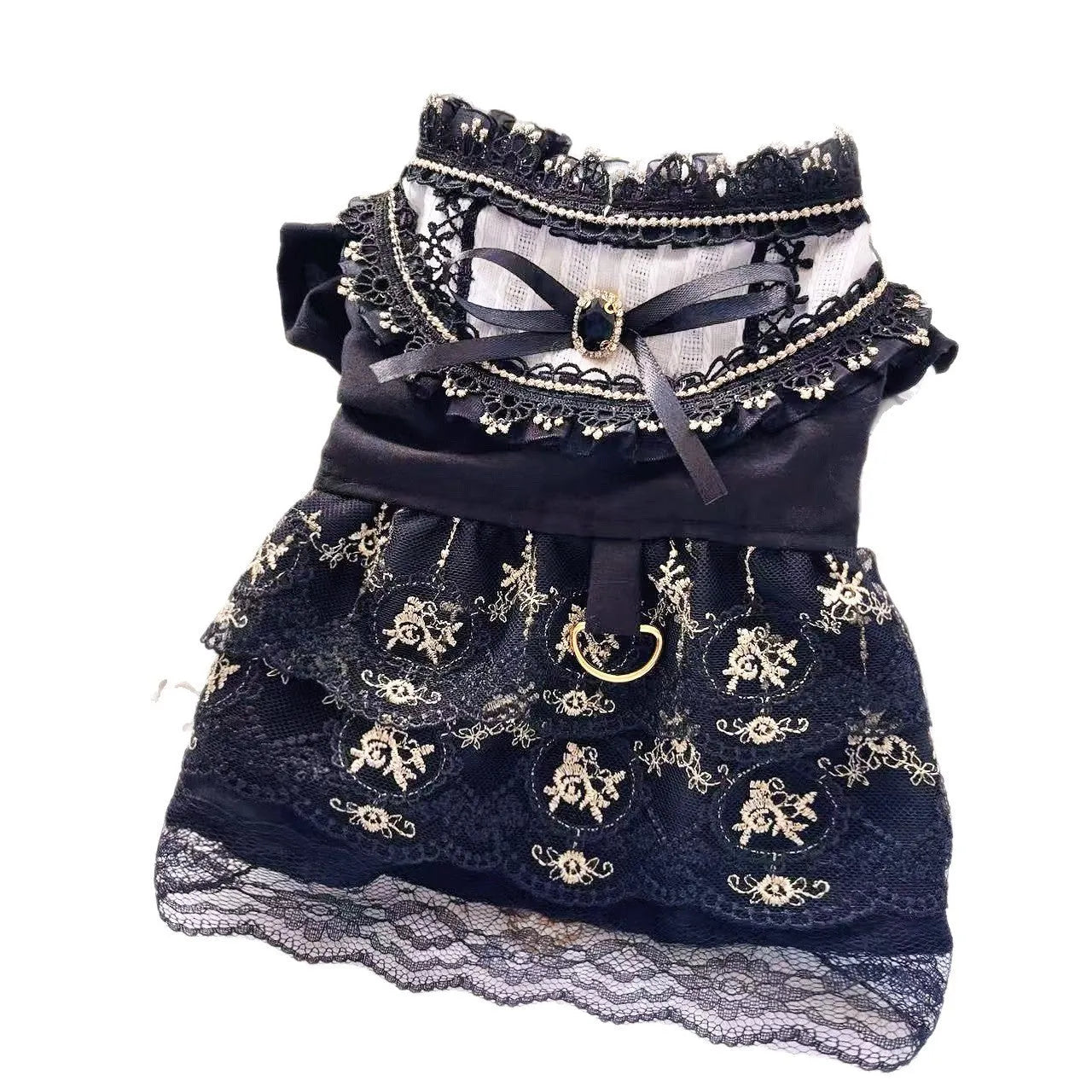 Golden gothic-style princess skirt for a small dog or cat on a mannequin.