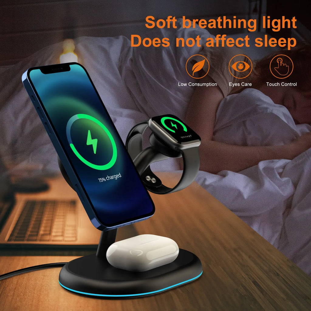 Black three-in-one magnetic wireless charger for phone, smartwatch, and earbuds.