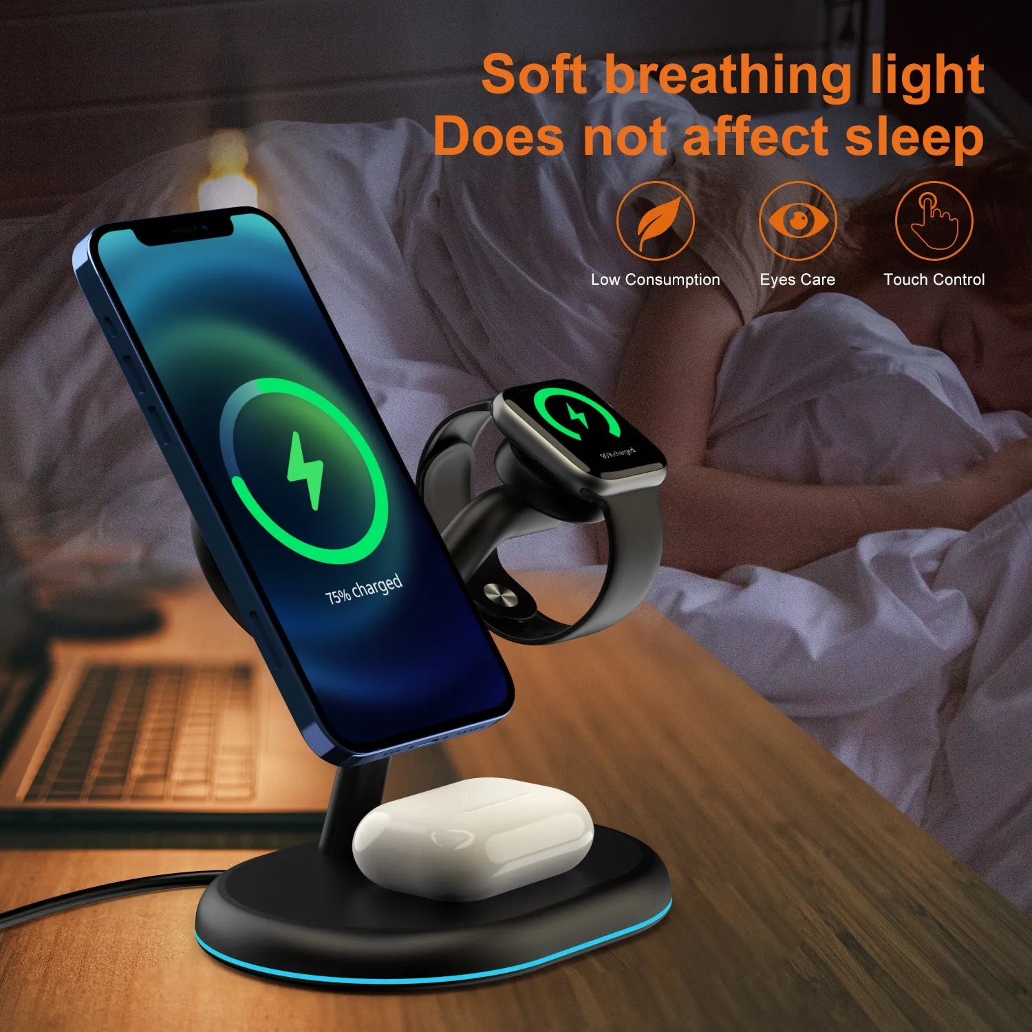 Black three-in-one magnetic wireless charger for phone, smartwatch, and earbuds.