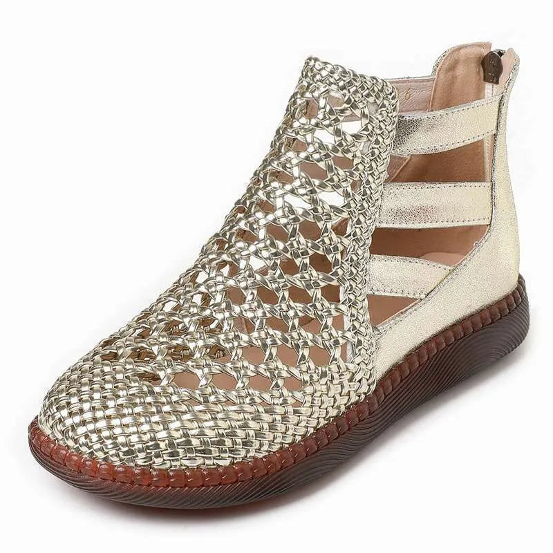 Gold and white women's flat sandals with openwork PU leather uppers and soft soles
