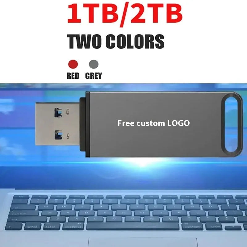 Metal USB flash drive in black, red, or silver with capacity up to 16TB