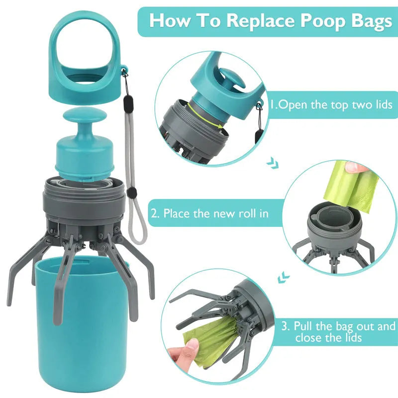 Blue portable dog pooper scooper with built-in bag dispenser and eight-claw shovel mechanism
