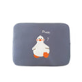 Blue cotton tablet case with cartoon duck embroidery and a zipper, shown next to a green version.