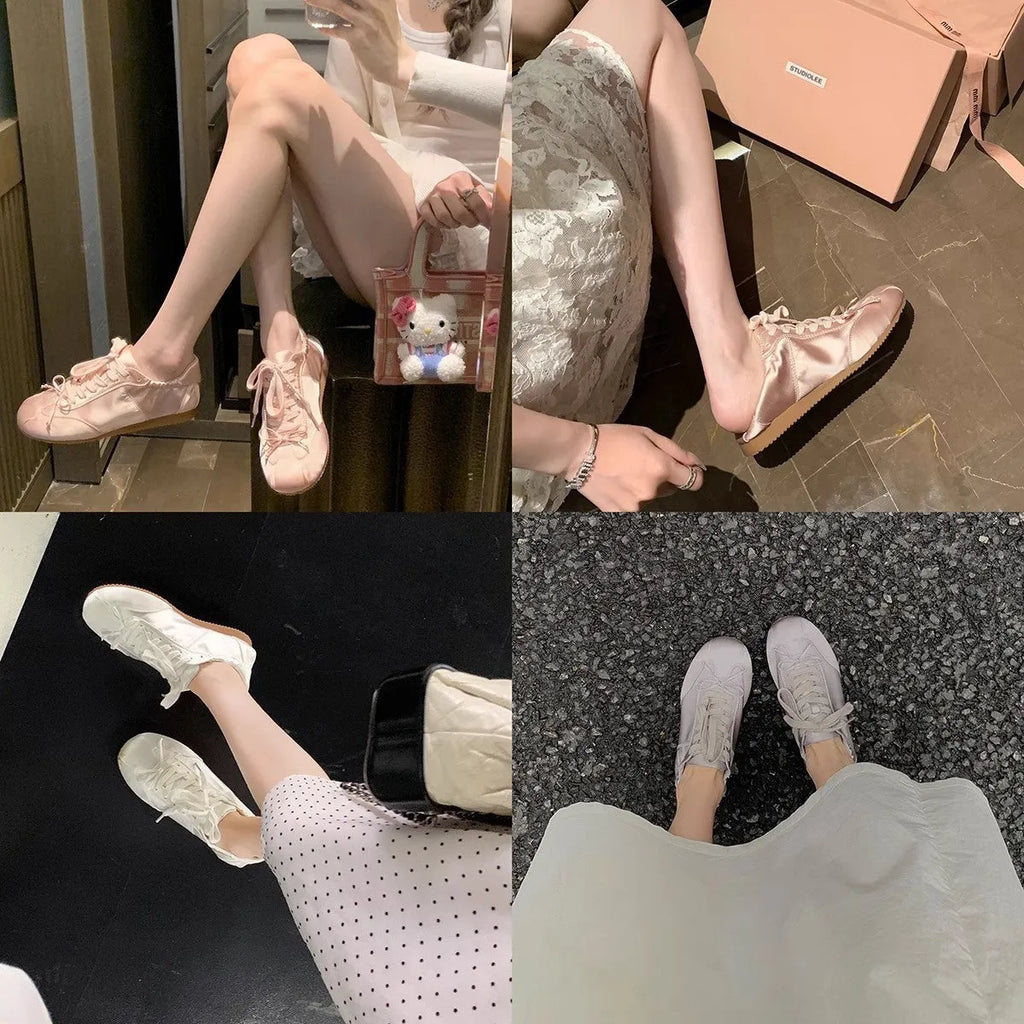 Women's ballet style satin sports board shoes with round toe and front lace-up in three colour options