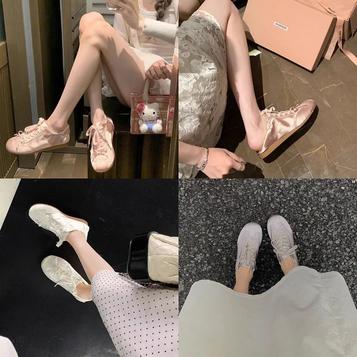 Women's ballet style satin sports board shoes with round toe and front lace-up in three colour options