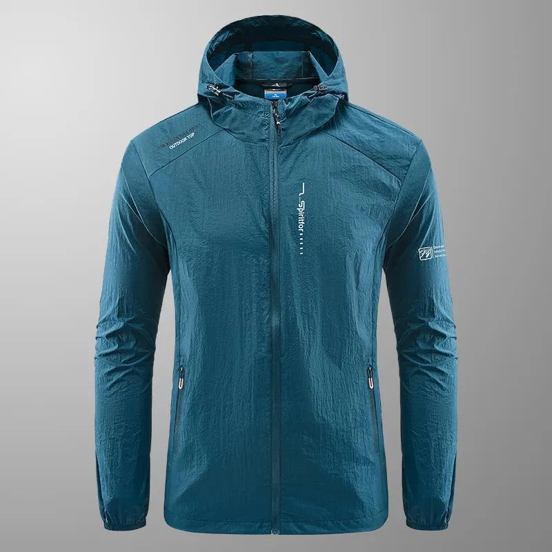 Men's thin nylon summer hooded jacket in loose fit showing light grey colour option