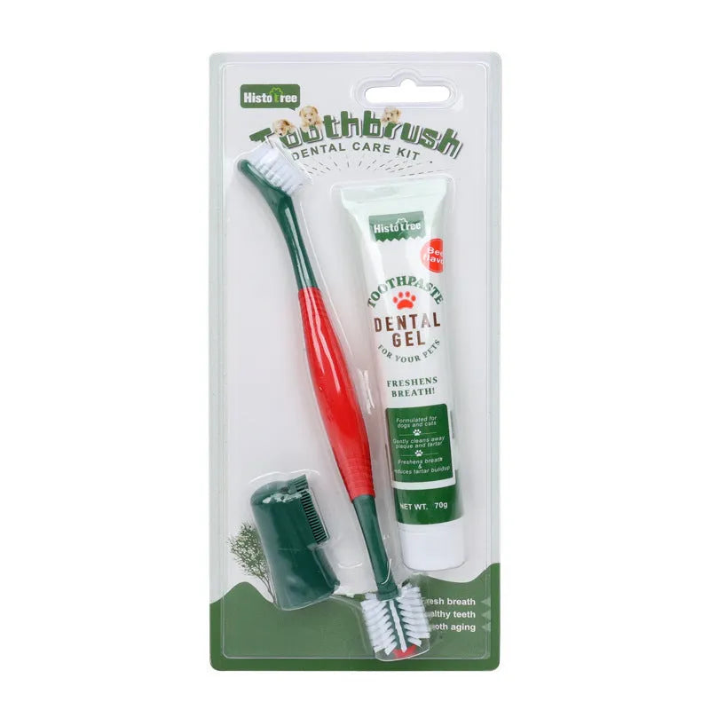 Pet toothpaste toothbrush set with finger stall and 360° brush in vanilla and beef flavour for cats and dogs