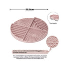Round silicone slow food lick mat for cats and dogs, 20cm geometric wave plate in light blue, light green, or light pink.