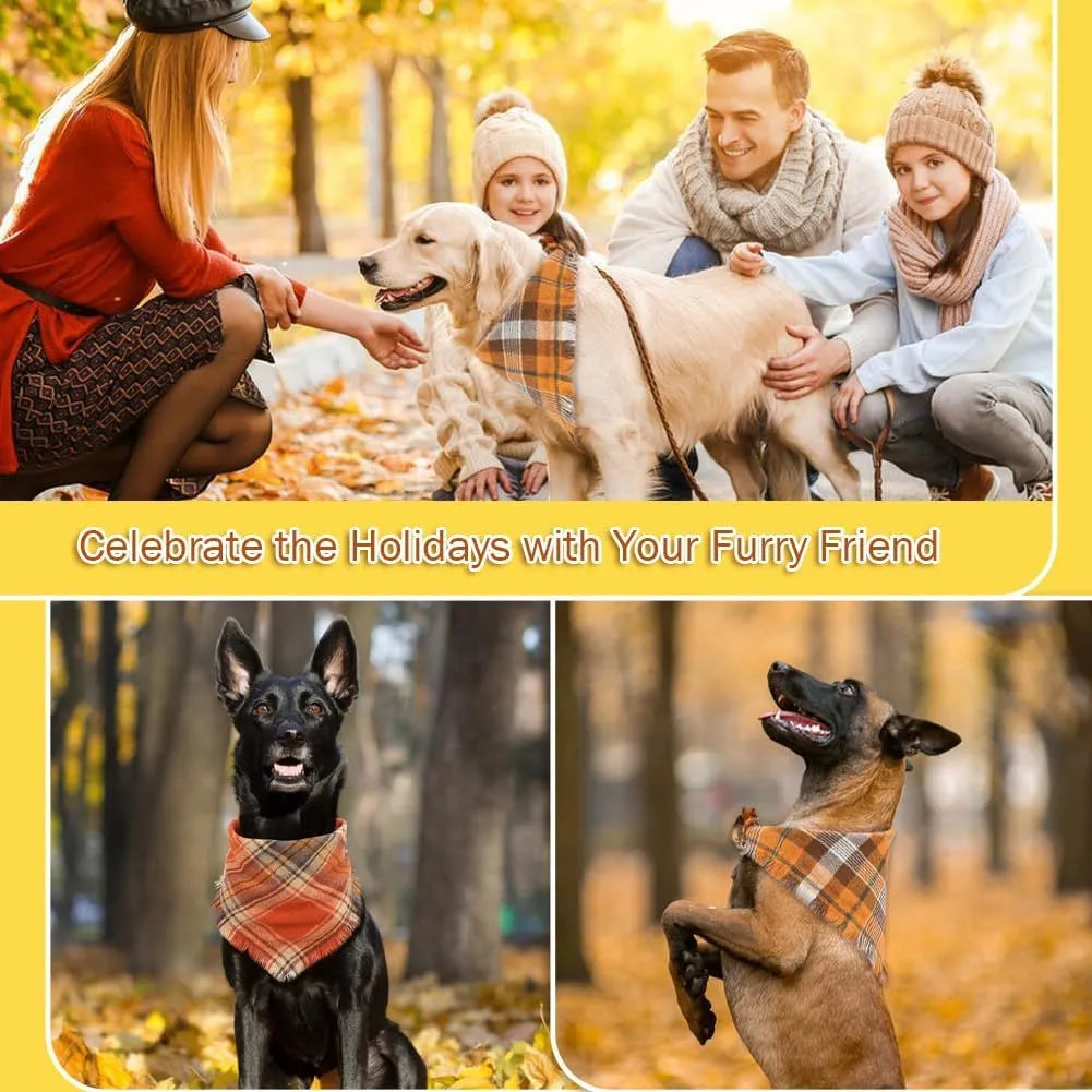 Brown, green, orange, red, and yellow plaid dog bandana with tassels on the edges.